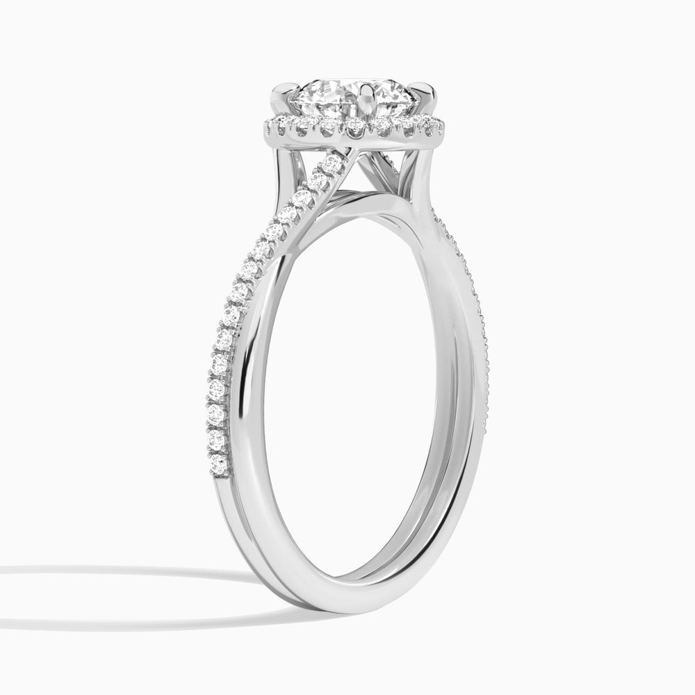 Round Halo Twisted Shank Lab Diamond Engagement Ring In 14K White Gold, Angle View