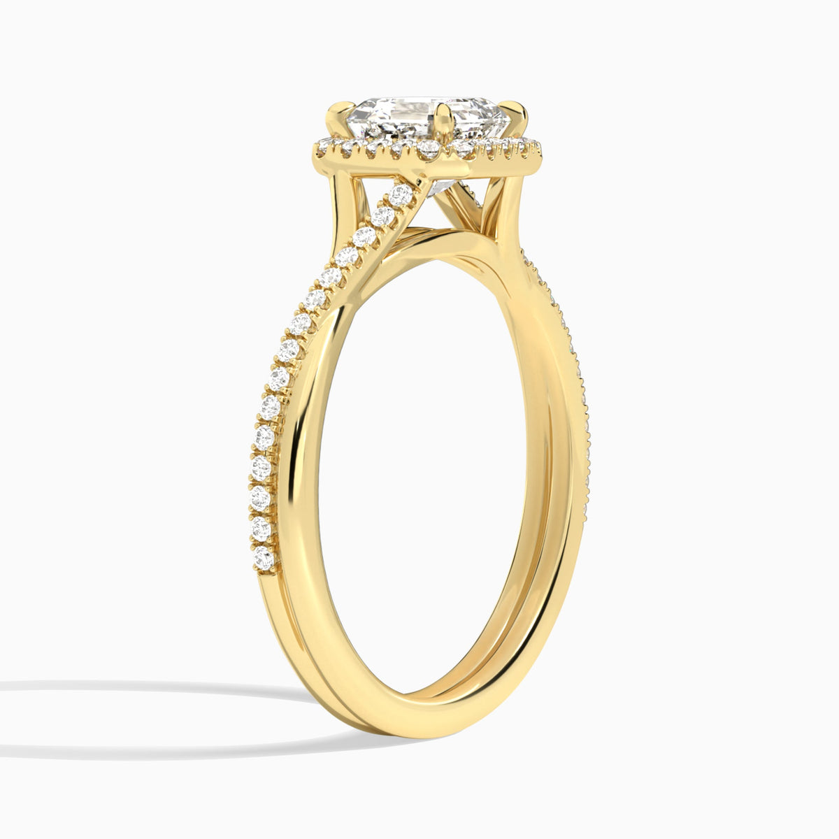 Asscher Halo Twisted Shank Lab Diamond Engagement Ring In 18K Yellow Gold, Angle View
