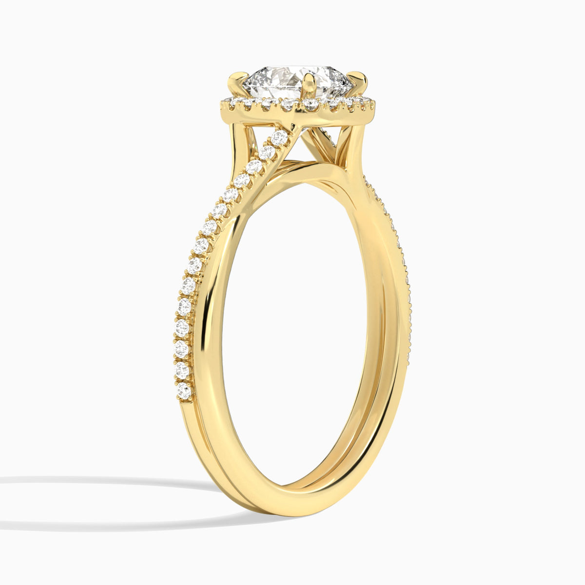 Cushion Halo Twisted Shank Lab Diamond Engagement Ring In 18K Yellow Gold, Angle View