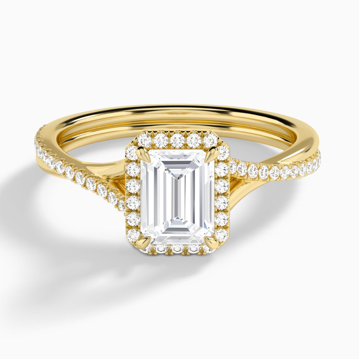 Emerald Halo Twisted Shank Lab Diamond Engagement Ring In 18K Yellow Gold - Lucenjuri