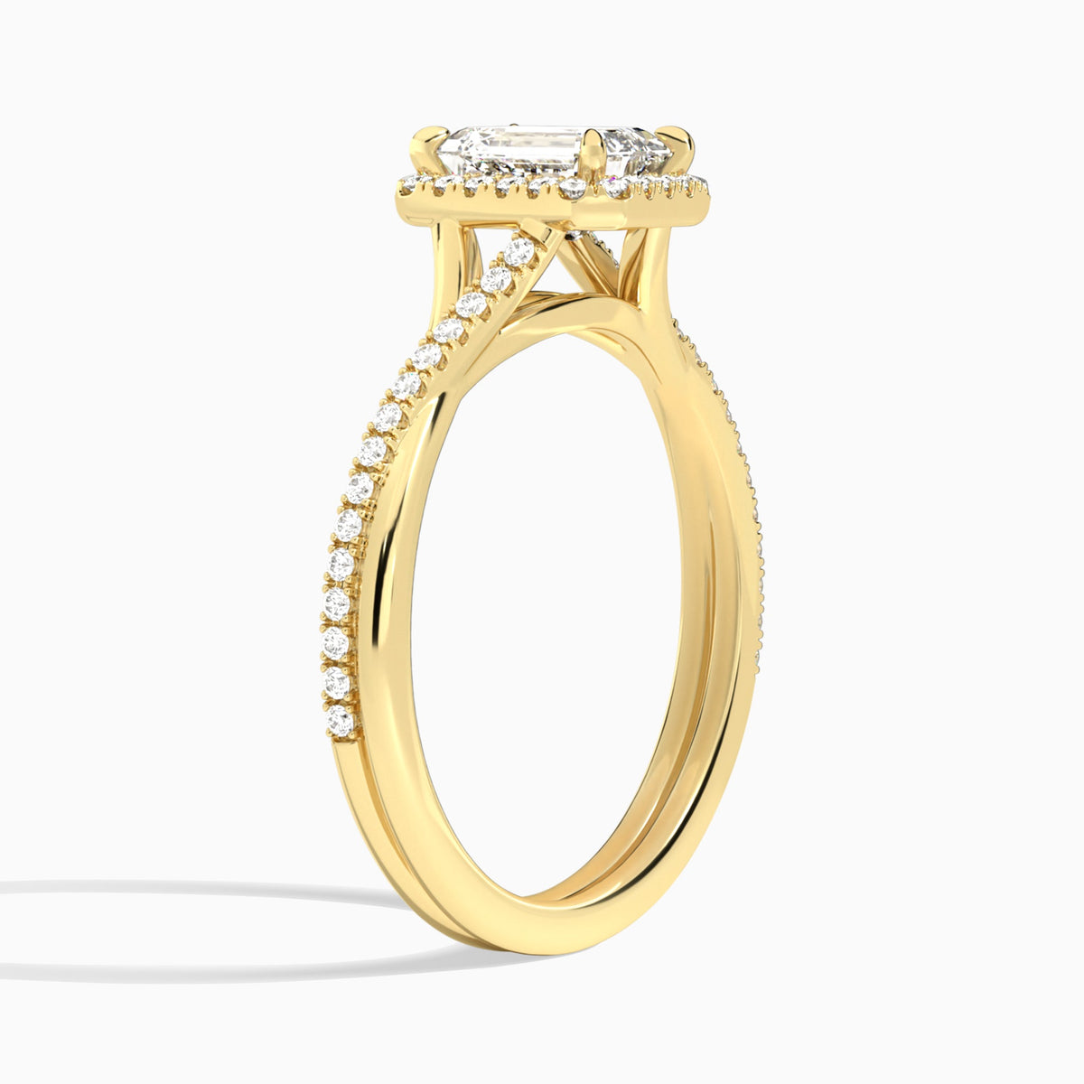 Emerald Halo Twisted Shank Lab Diamond Engagement Ring In 18K Yellow Gold, Angle View