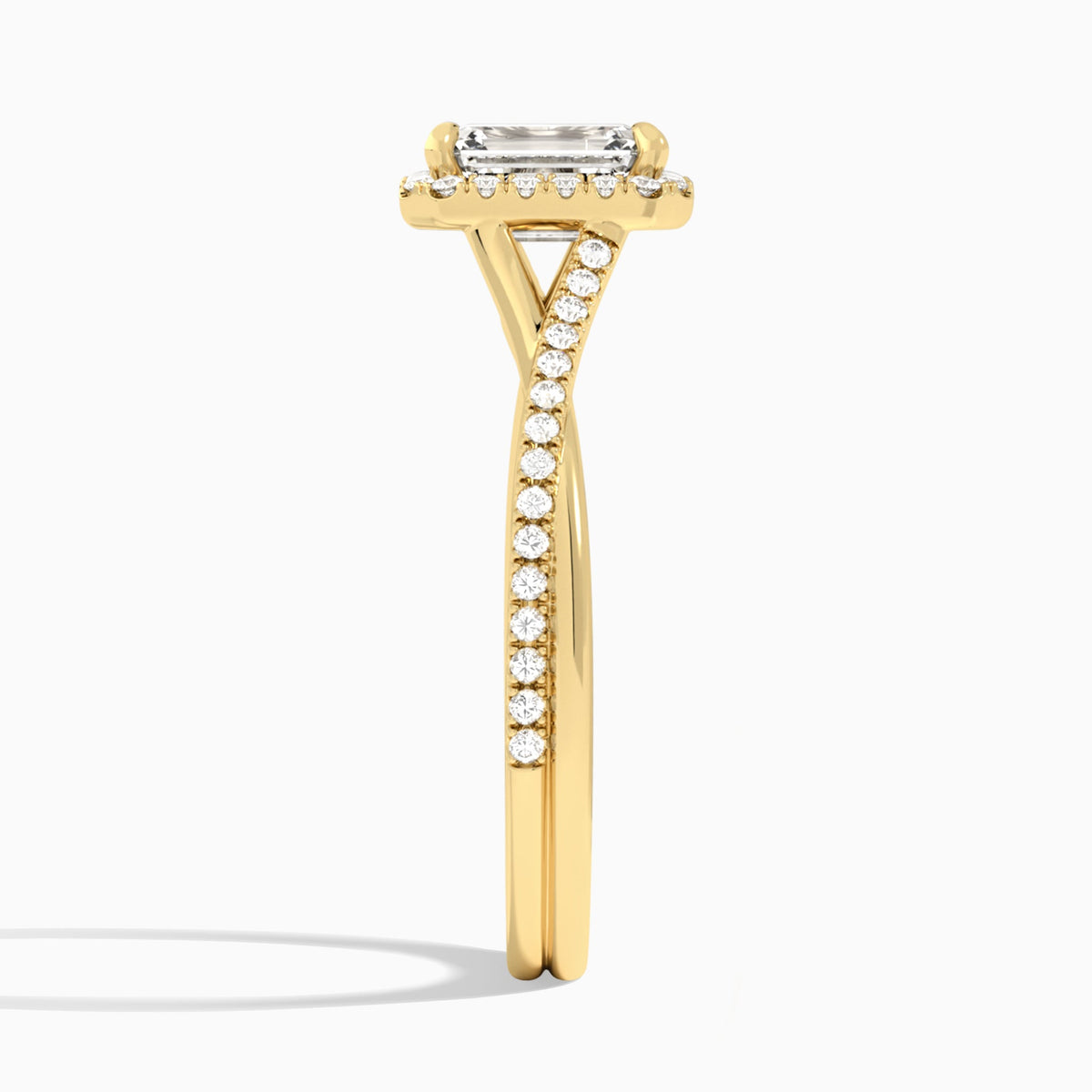Emerald Halo Twisted Shank Lab Diamond Engagement Ring In 14K Yellow Gold, Side View
