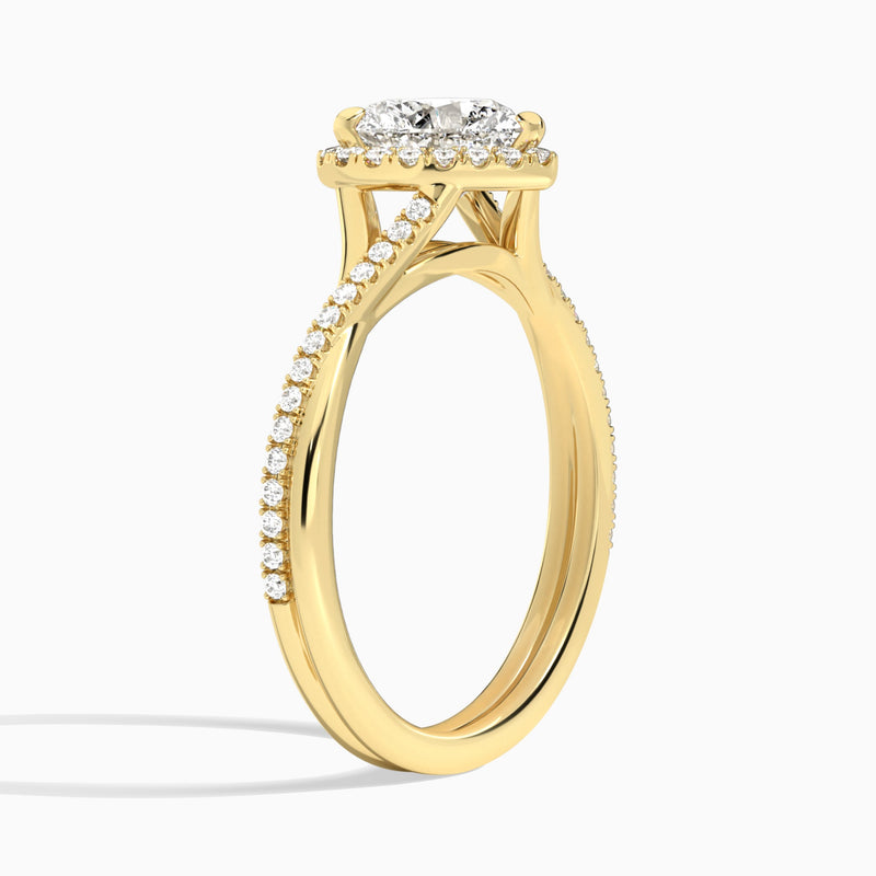 Heart Halo Twisted Shank Lab Diamond Engagement Ring In 18K Yellow Gold, Angle View