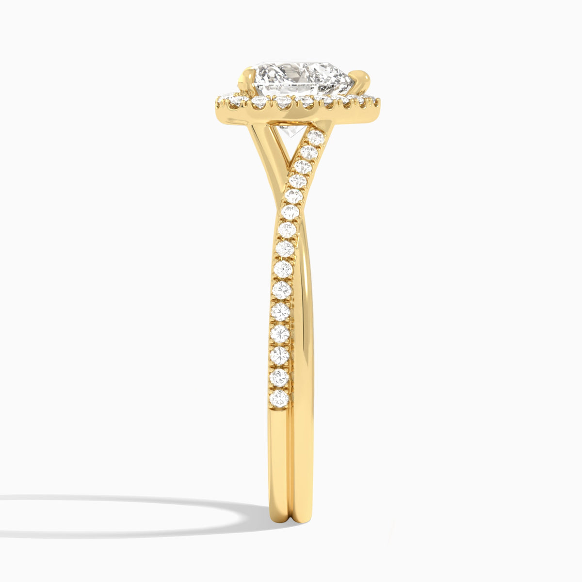 Heart Halo Twisted Shank Lab Diamond Engagement Ring In 18K Yellow Gold, Side View