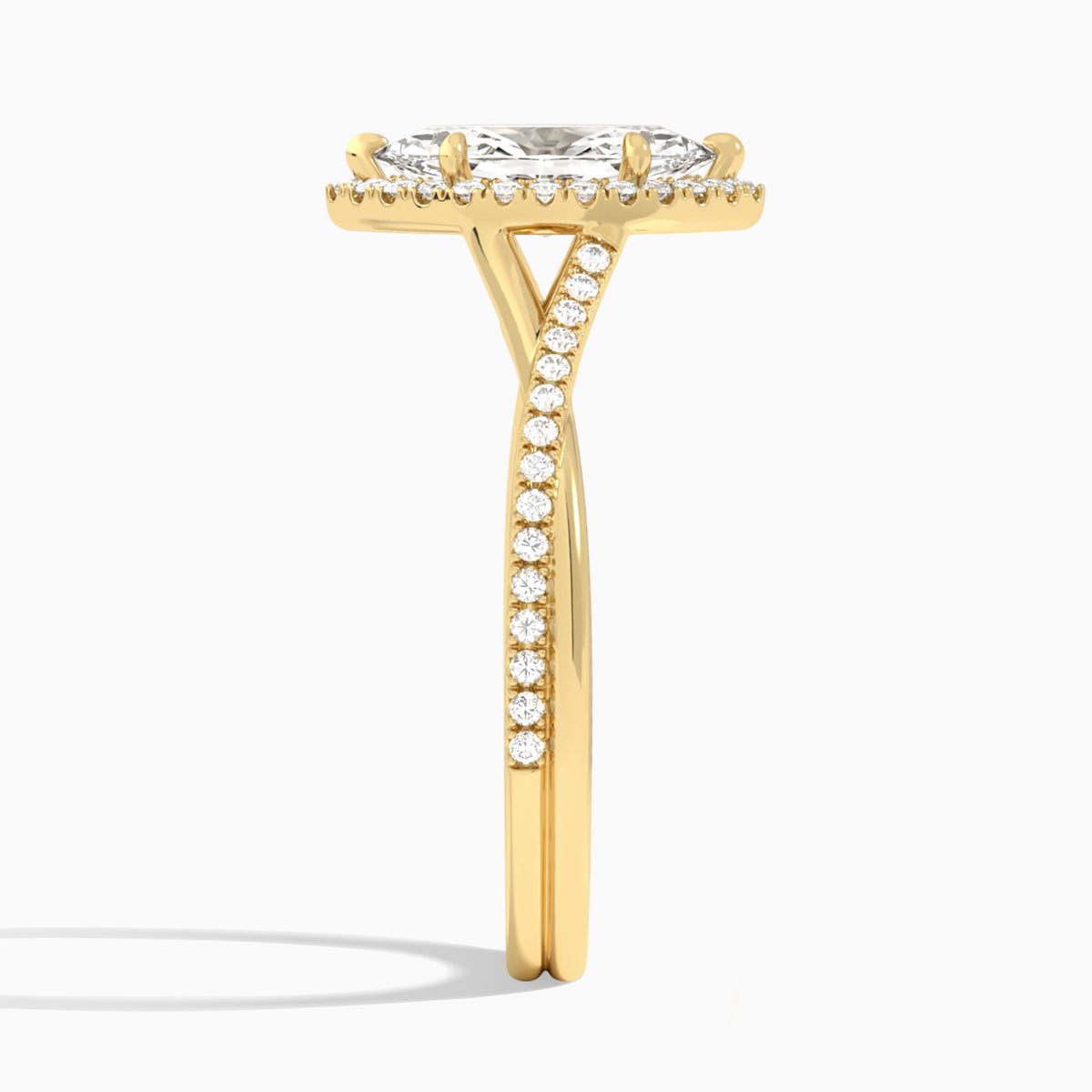 Marquise Halo Twisted Shank Lab Diamond Engagement Ring In 18K Yellow Gold, Side View