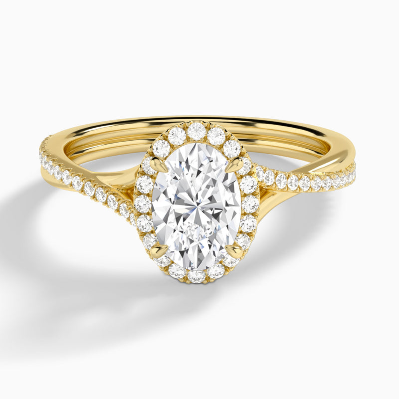 Oval Halo Twisted Shank Lab Diamond Engagement Ring In 14K Yellow Gold - Lucenjuri