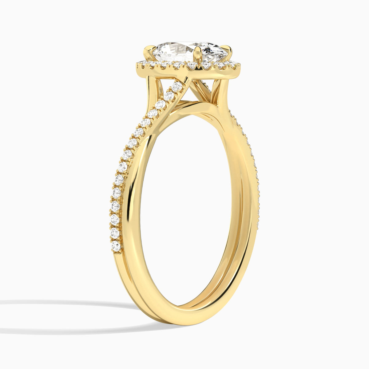 Oval Halo Twisted Shank Lab Diamond Engagement Ring In 18K Yellow Gold, Angle View