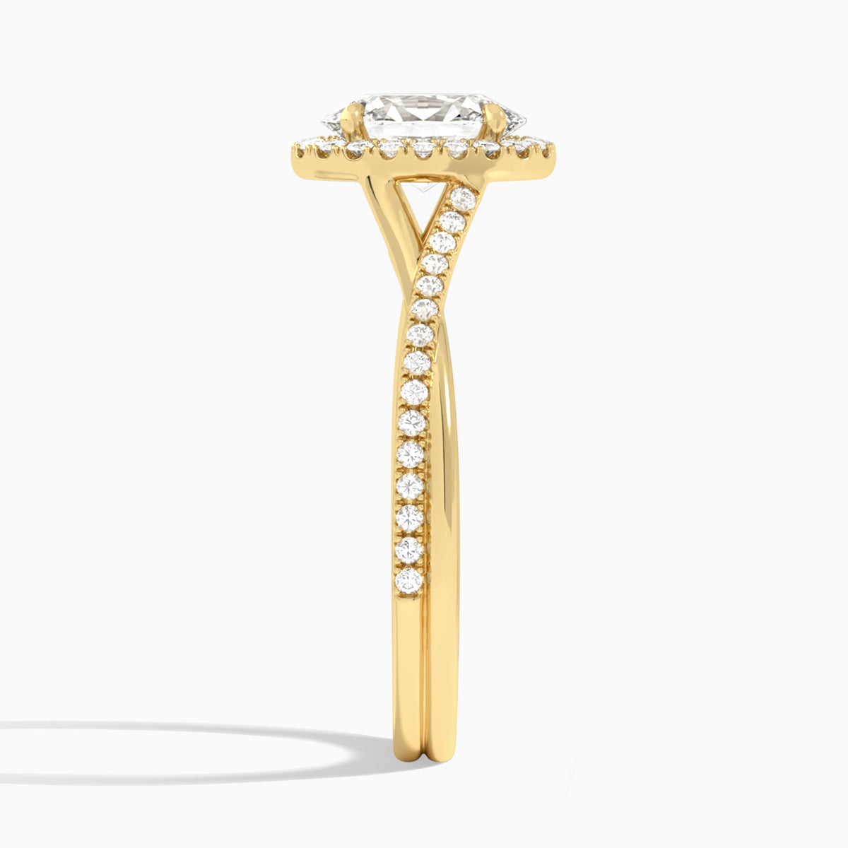 Oval Halo Twisted Shank Lab Diamond Engagement Ring In 18K Yellow Gold, Side View