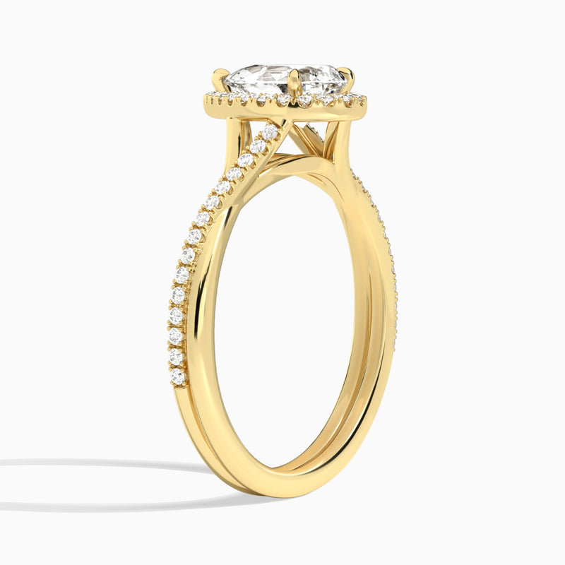 Pear Halo Twisted Shank Lab Diamond Engagement Ring In 14K Yellow Gold, Angle View