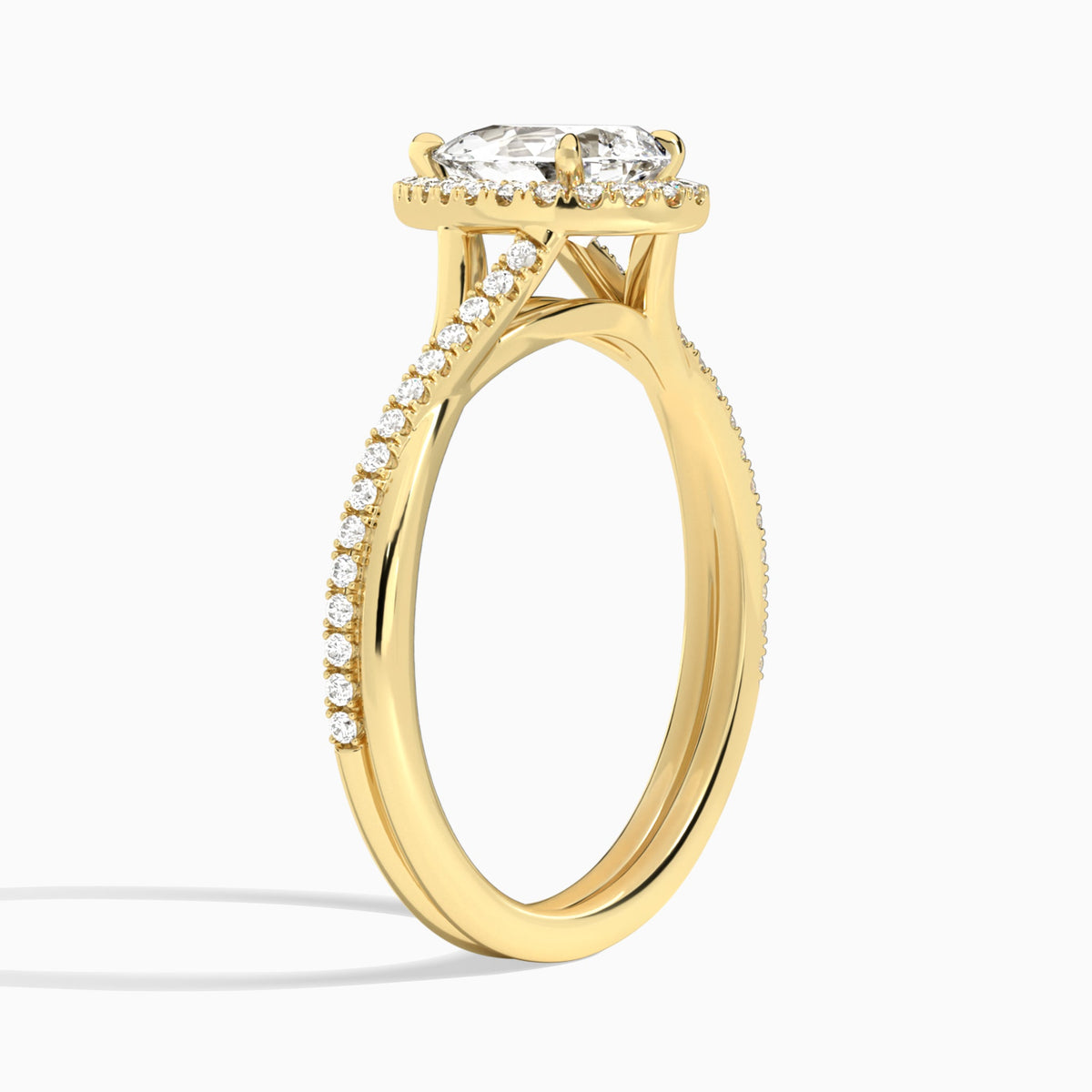 Pear Halo Twisted Shank Lab Diamond Engagement Ring In 18K Yellow Gold, Angle View