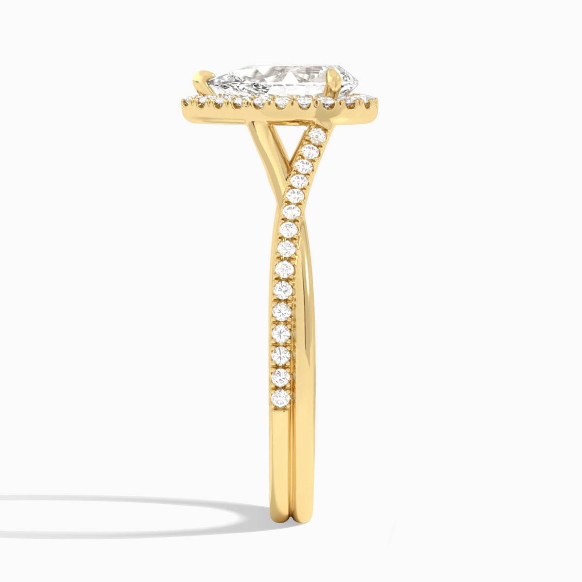 Pear Halo Twisted Shank Lab Diamond Engagement Ring In 18K Yellow Gold, Side View
