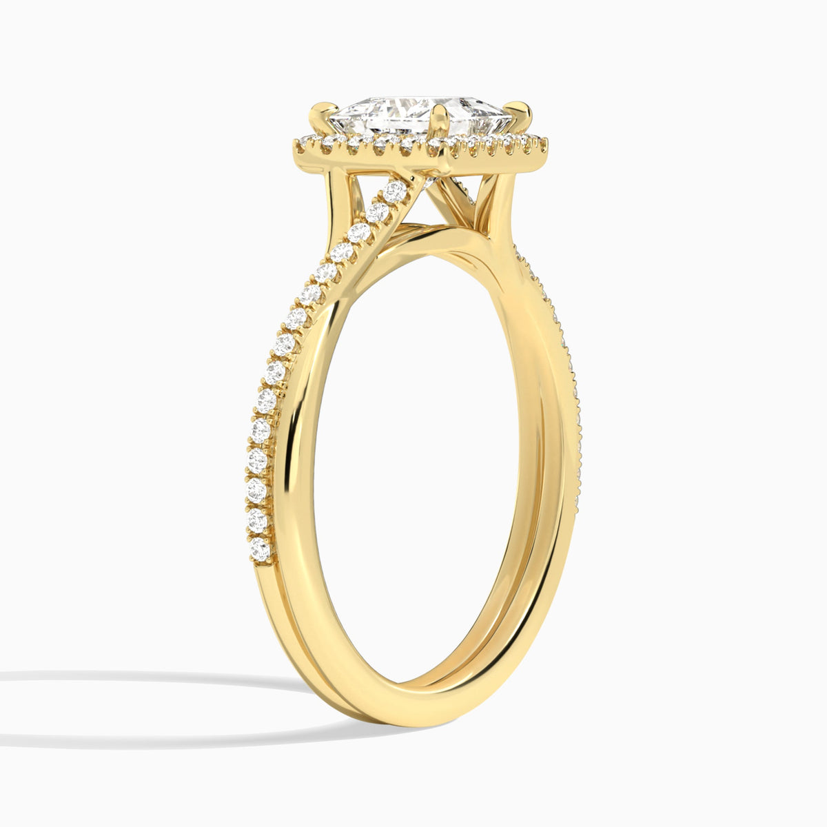 Princess Halo Twisted Shank Lab Diamond Engagement Ring In 14K Yellow Gold, Angle View