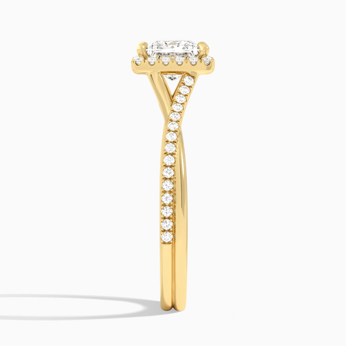 Princess Halo Twisted Shank Lab Diamond Engagement Ring In 18K Yellow Gold, Side View