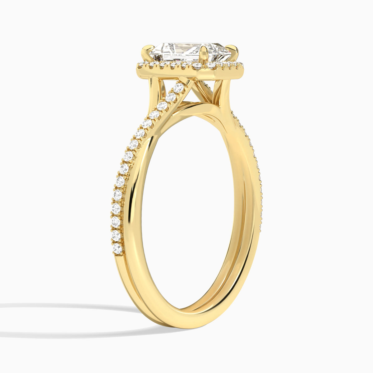 Radiant Halo Twisted Shank Lab Diamond Engagement Ring In 14K Yellow Gold, Angle View
