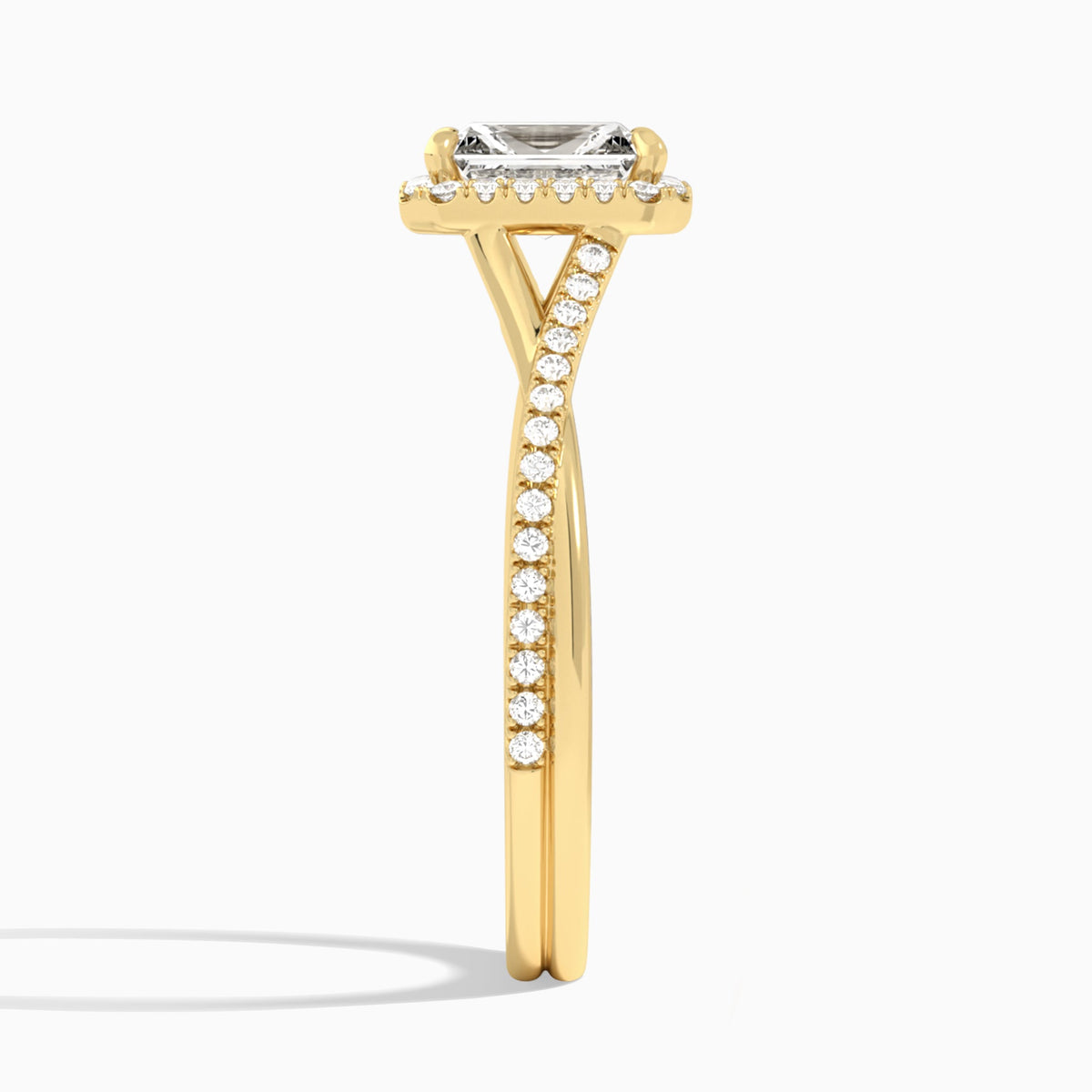 Radiant Halo Twisted Shank Lab Diamond Engagement Ring In 14K Yellow Gold, Side View