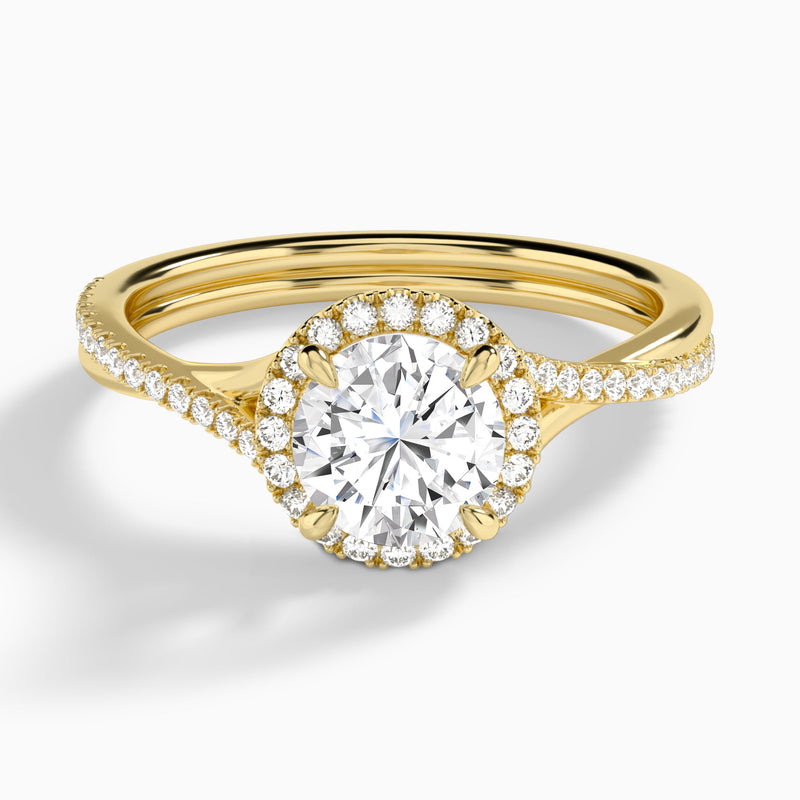 Round Halo Twisted Shank Lab Diamond Engagement Ring In 14K Yellow Gold - Lucenjuri