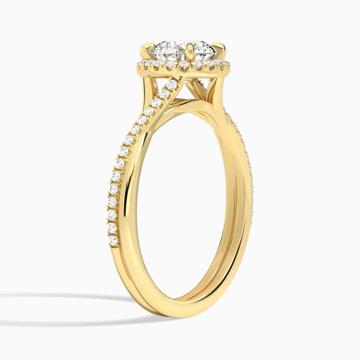 Round Halo Twisted Shank Lab Diamond Engagement Ring In 14K Yellow Gold, Angle View