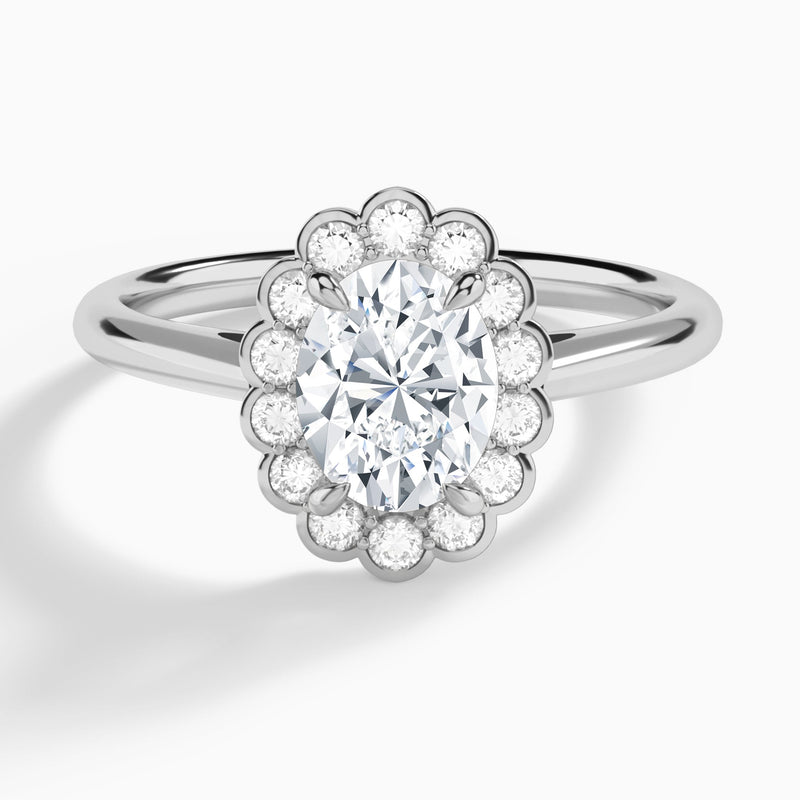 Oval Floral Halo Lab Grown Diamond Engagement Ring In Platinum - Lucenjuri