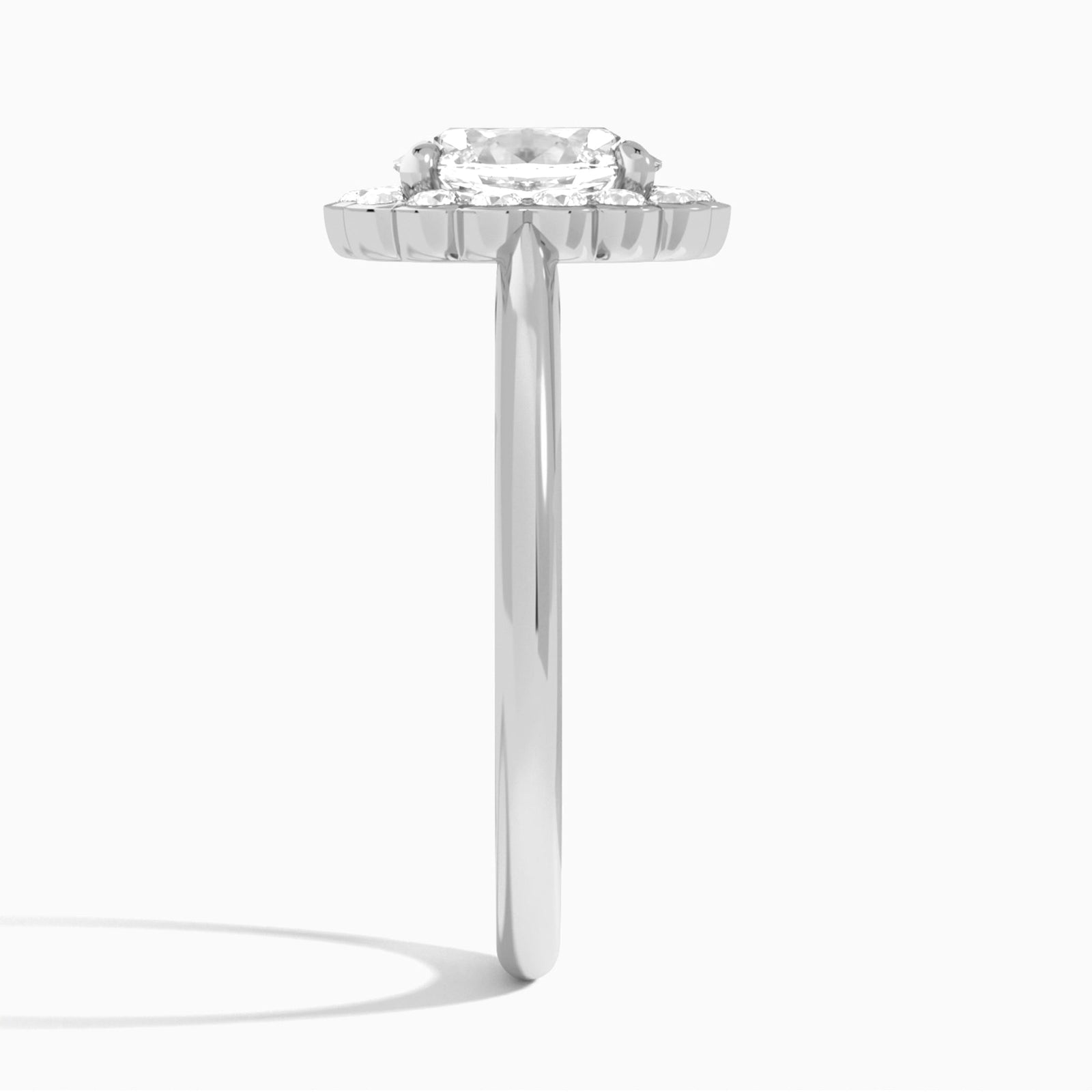 Oval Floral Halo Lab Grown Diamond Engagement Ring In Platinum, Side View