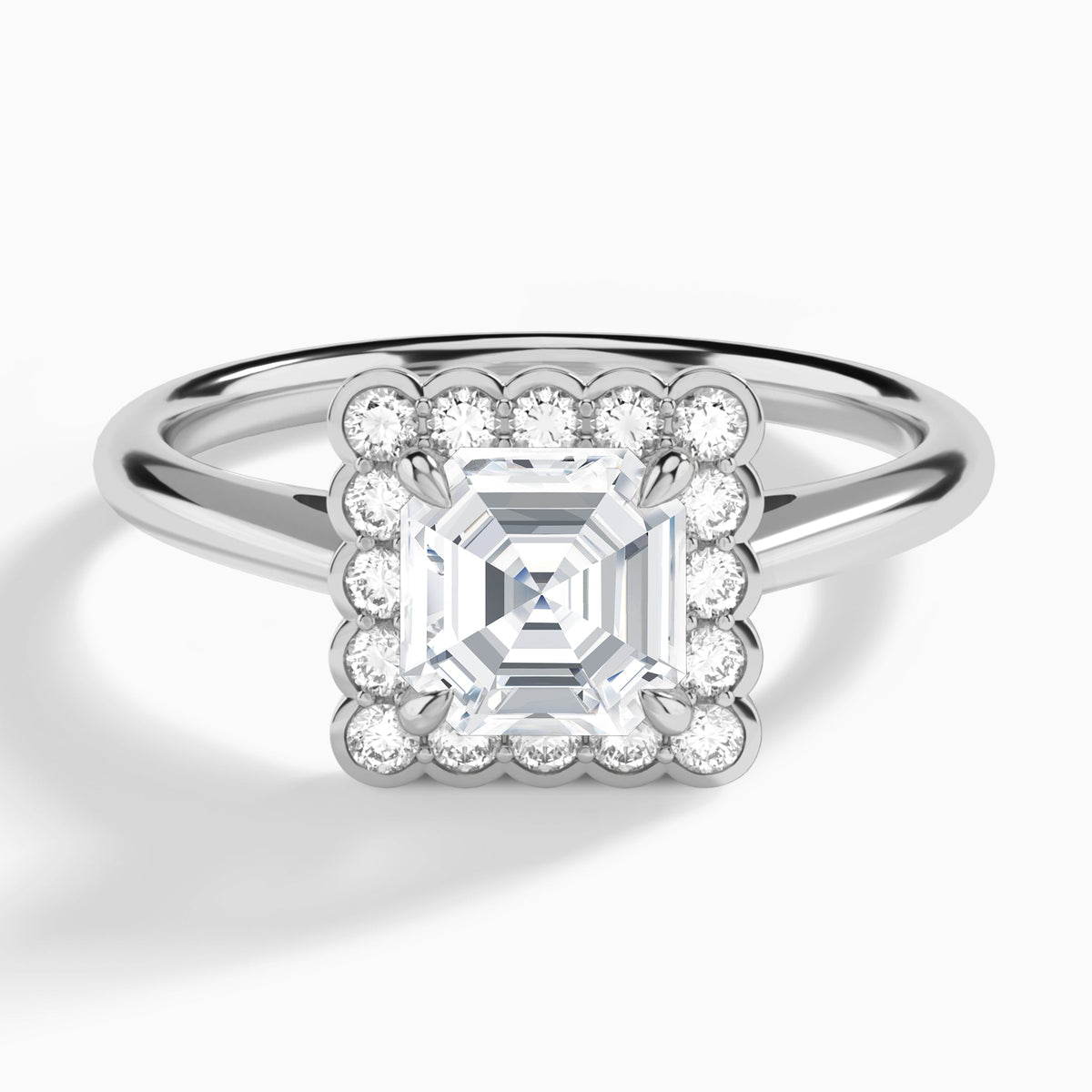 Asscher Floral Halo Lab Grown Diamond Engagement Ring In 18K White Gold - Lucenjuri