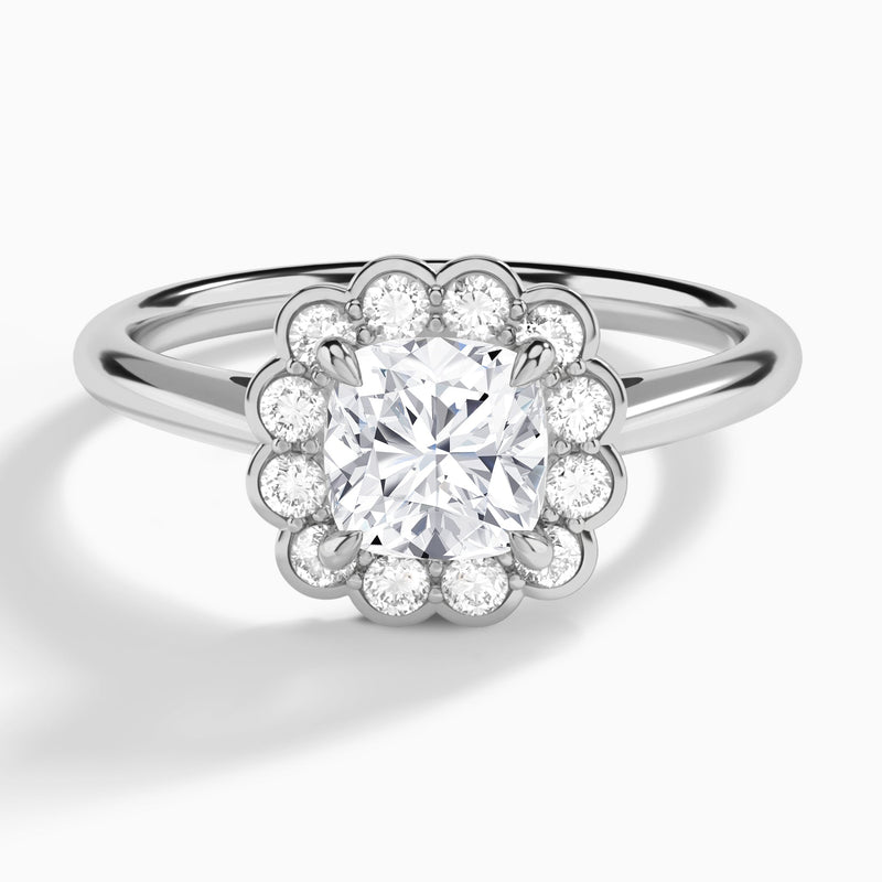 Cushion Floral Halo Lab Grown Diamond Engagement Ring In 18K White Gold - Lucenjuri