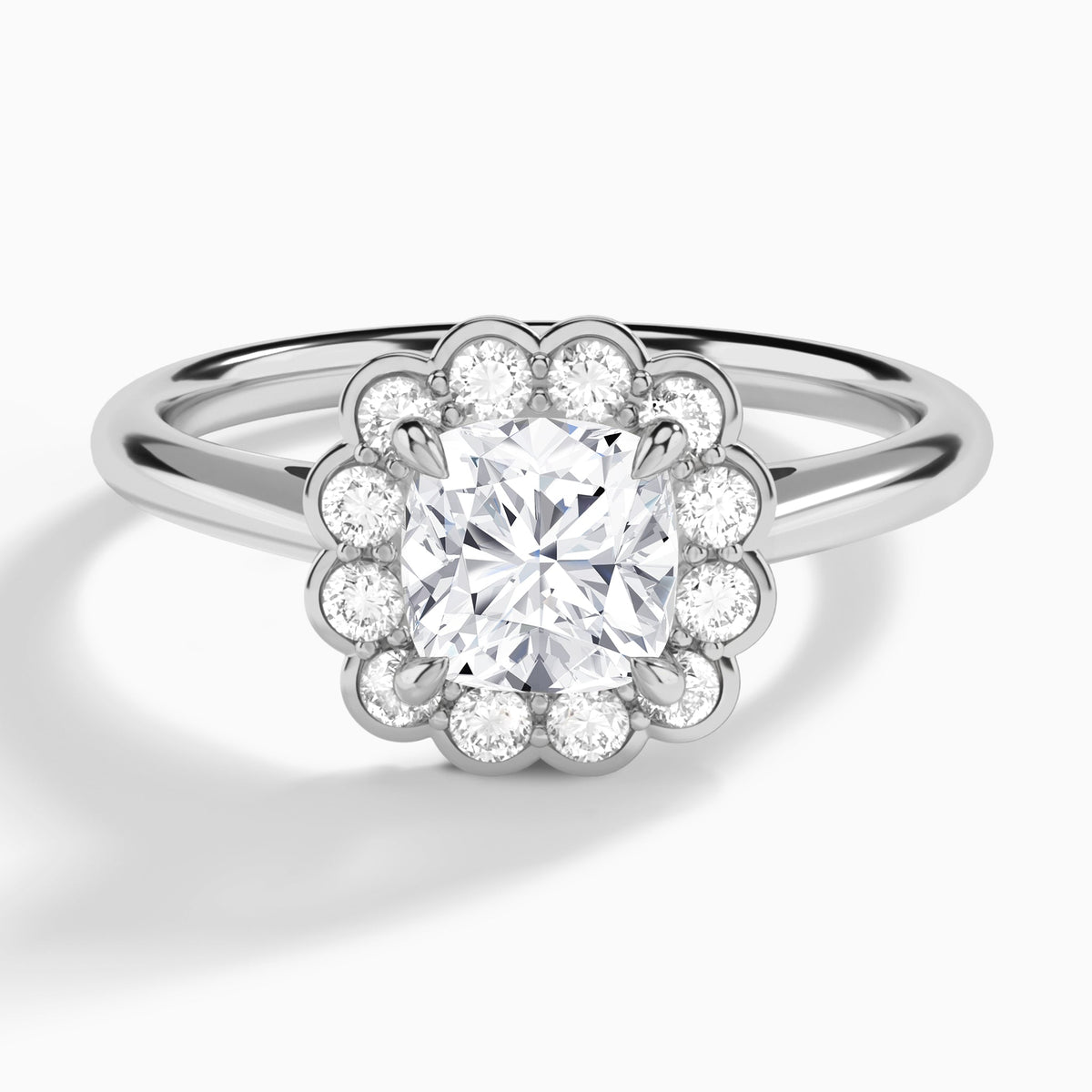 Cushion Floral Halo Lab Grown Diamond Engagement Ring In 18K White Gold - Lucenjuri