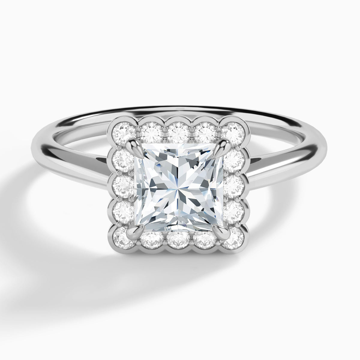 Princess Floral Halo Lab Grown Diamond Engagement Ring In 14K White Gold - Lucenjuri