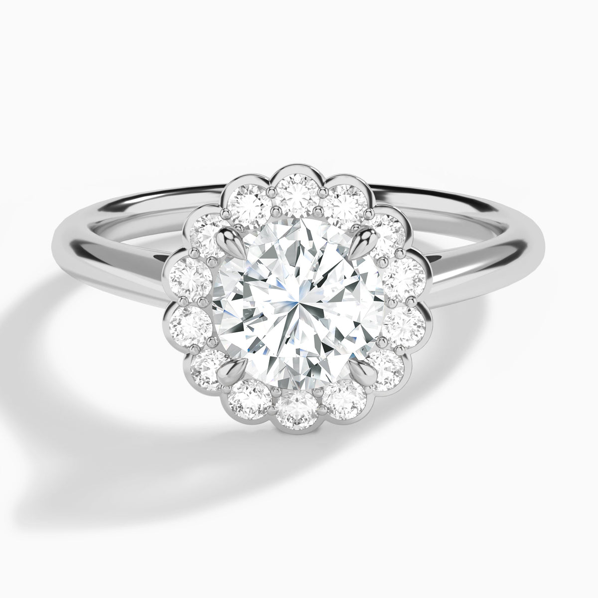 Round Floral Halo Lab Grown Diamond Engagement Ring In 14K White Gold - Lucenjuri