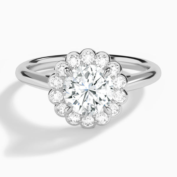 Round Floral Halo Lab Grown Diamond Engagement Ring In 14K White Gold - Lucenjuri