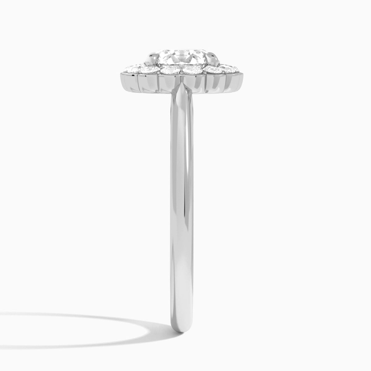 Round Floral Halo Lab Grown Diamond Engagement Ring In 18K White Gold, Side View