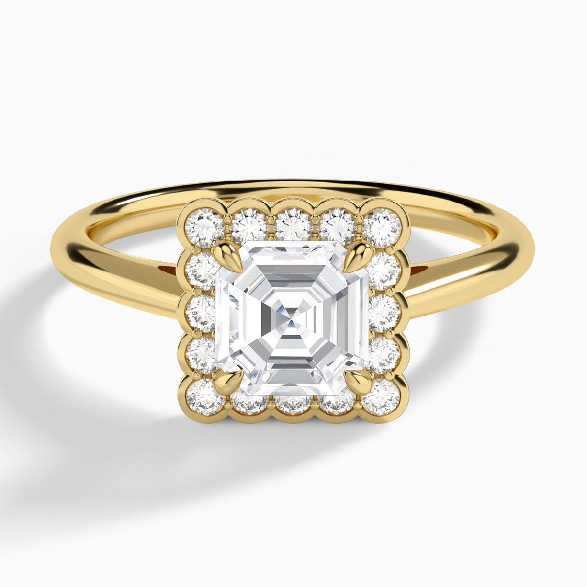 Asscher Floral Halo Lab Grown Diamond Engagement Ring In 18K Yellow Gold - Lucenjuri