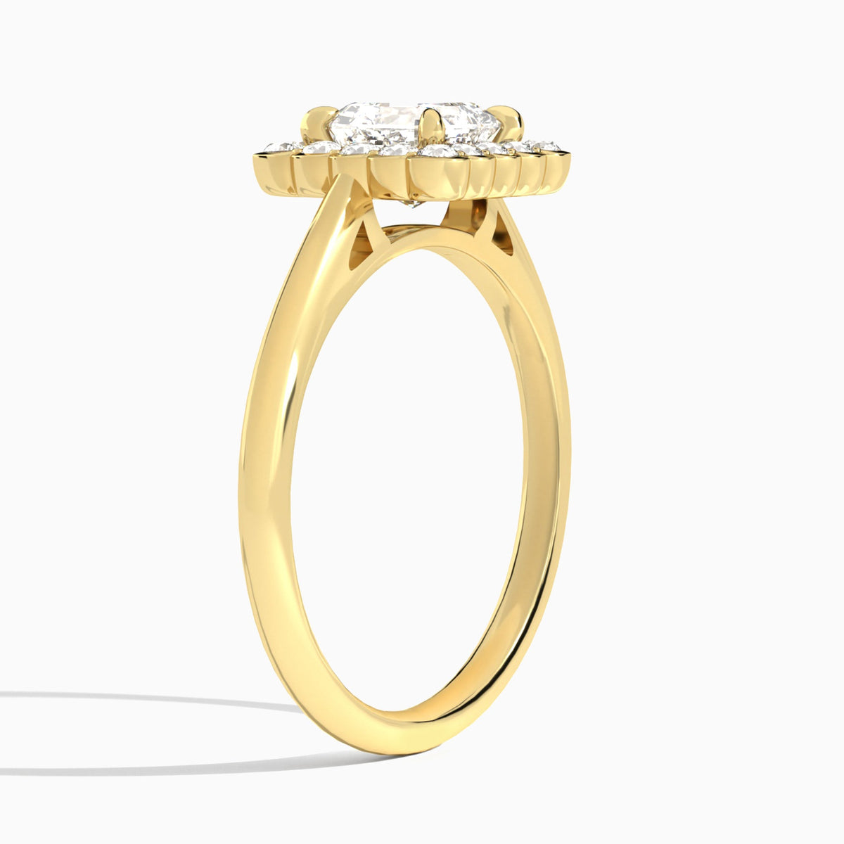 Asscher Floral Halo Lab Grown Diamond Engagement Ring In 14K Yellow Gold, Angle View