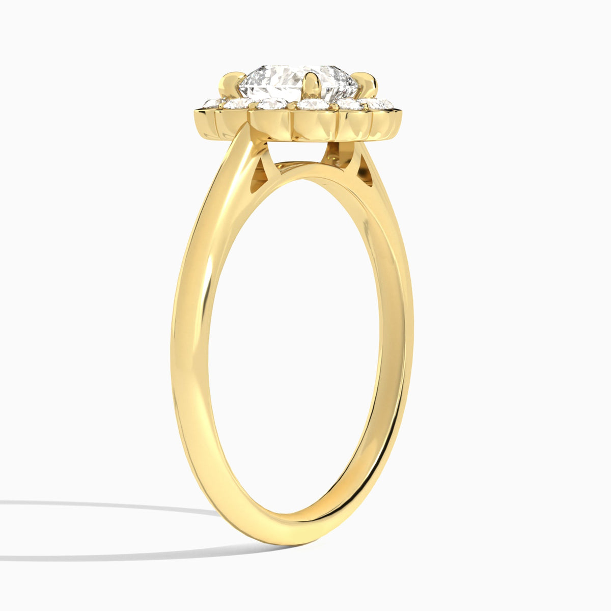 Cushion Floral Halo Lab Grown Diamond Engagement Ring In 14K Yellow Gold, Angle View