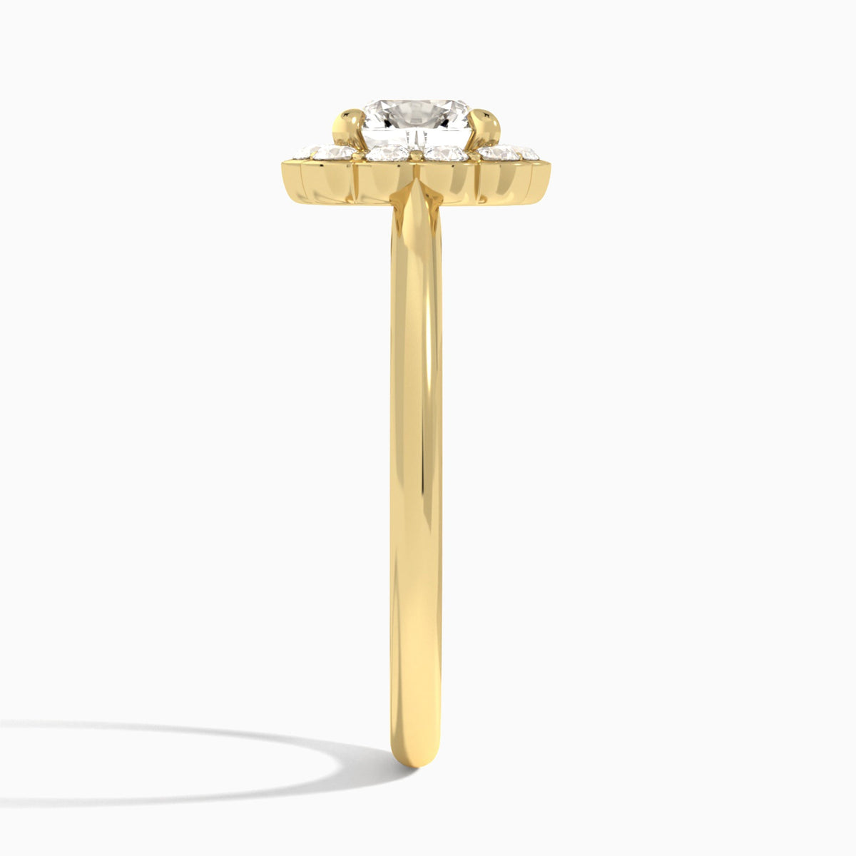 Cushion Floral Halo Lab Grown Diamond Engagement Ring In 18K Yellow Gold, Side View