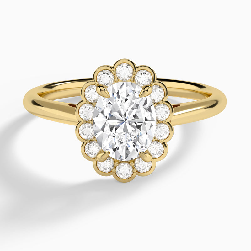 Oval Floral Halo Lab Grown Diamond Engagement Ring In 14K Yellow Gold - Lucenjuri