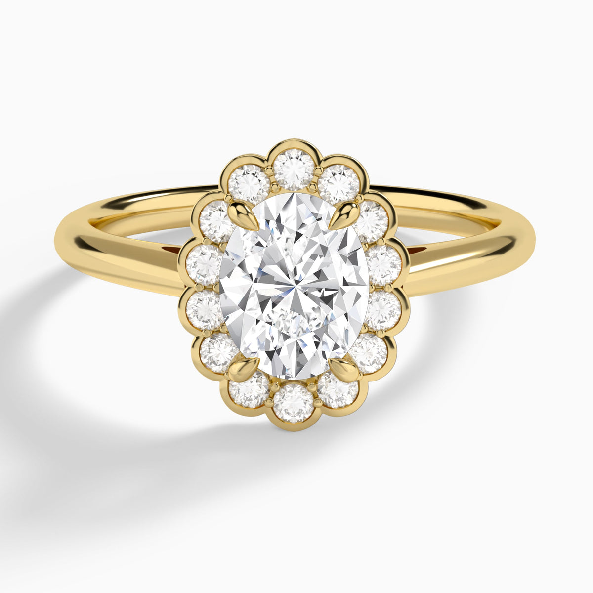 Oval Floral Halo Lab Grown Diamond Engagement Ring In 18K Yellow Gold - Lucenjuri