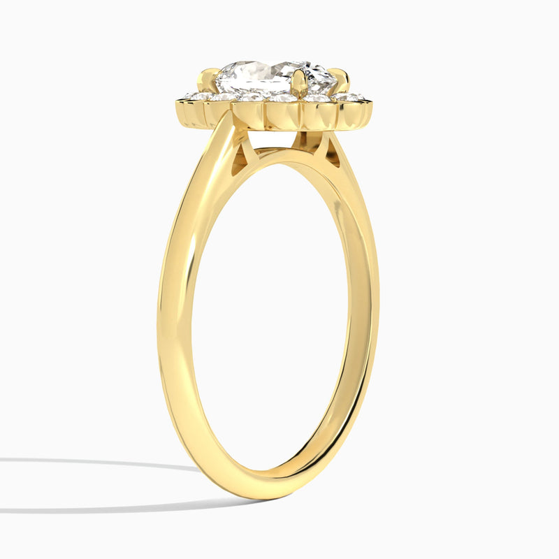 Oval Floral Halo Lab Grown Diamond Engagement Ring In 18K Yellow Gold, Angle View