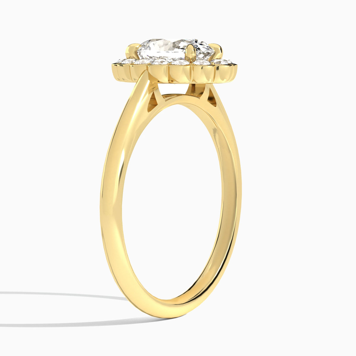 Oval Floral Halo Lab Grown Diamond Engagement Ring In 14K Yellow Gold, Angle View