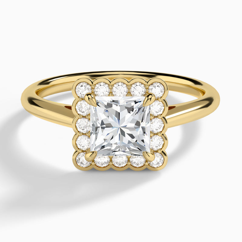 Princess Floral Halo Lab Grown Diamond Engagement Ring In 14K Yellow Gold - Lucenjuri