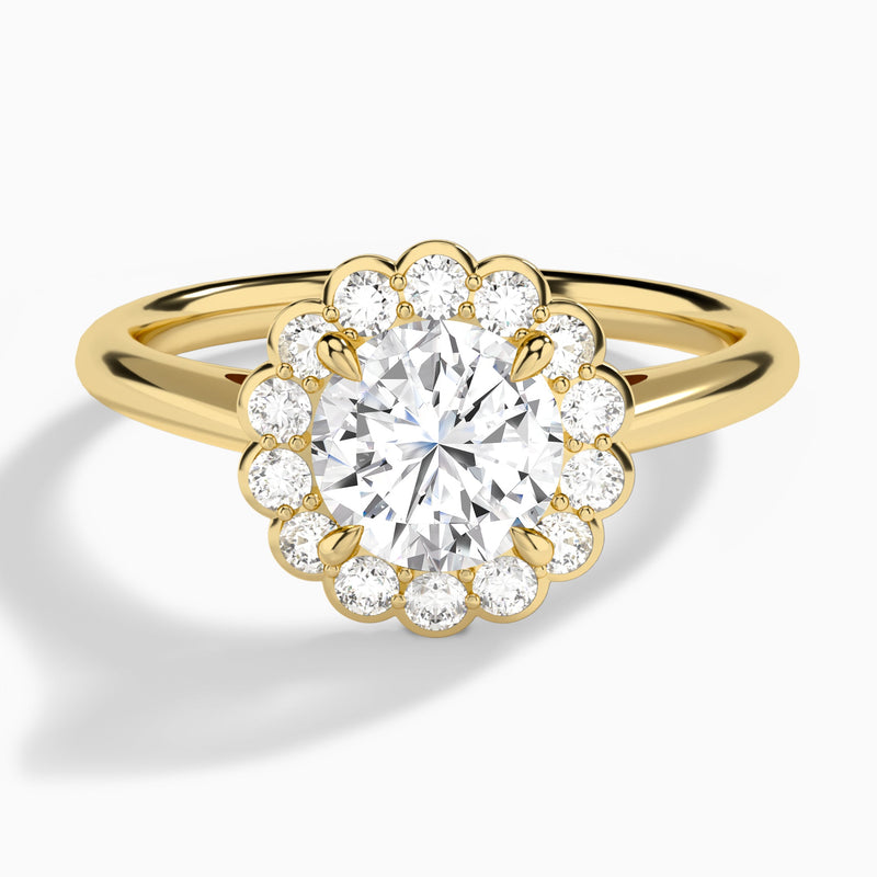Round Floral Halo Lab Grown Diamond Engagement Ring In 14K Yellow Gold - Lucenjuri