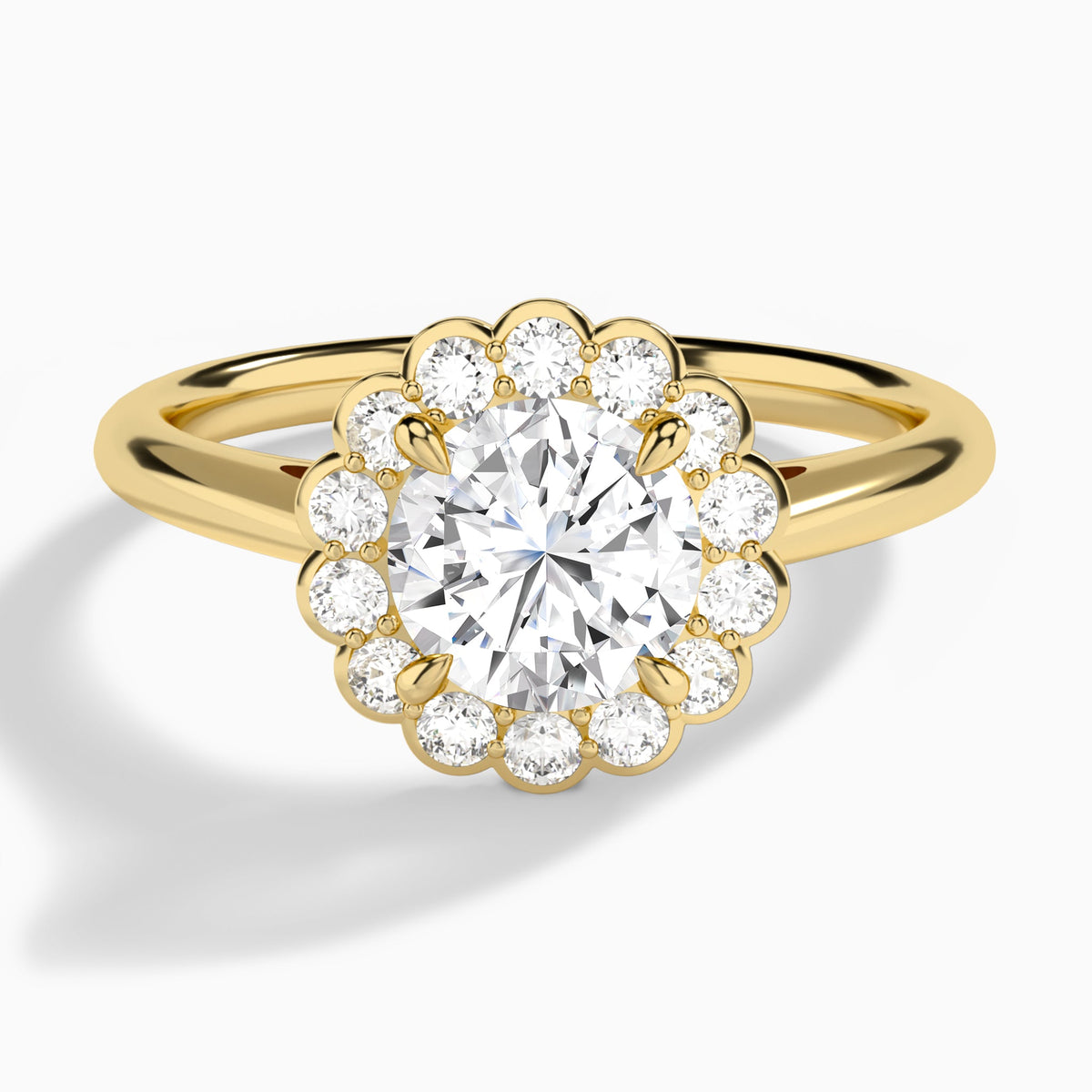 Round Floral Halo Lab Grown Diamond Engagement Ring In 14K Yellow Gold - Lucenjuri