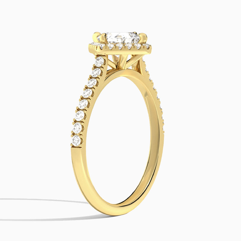 Asscher Amara Kite Set Halo Engagement Ring In 14K Yellow Gold, Angle View
