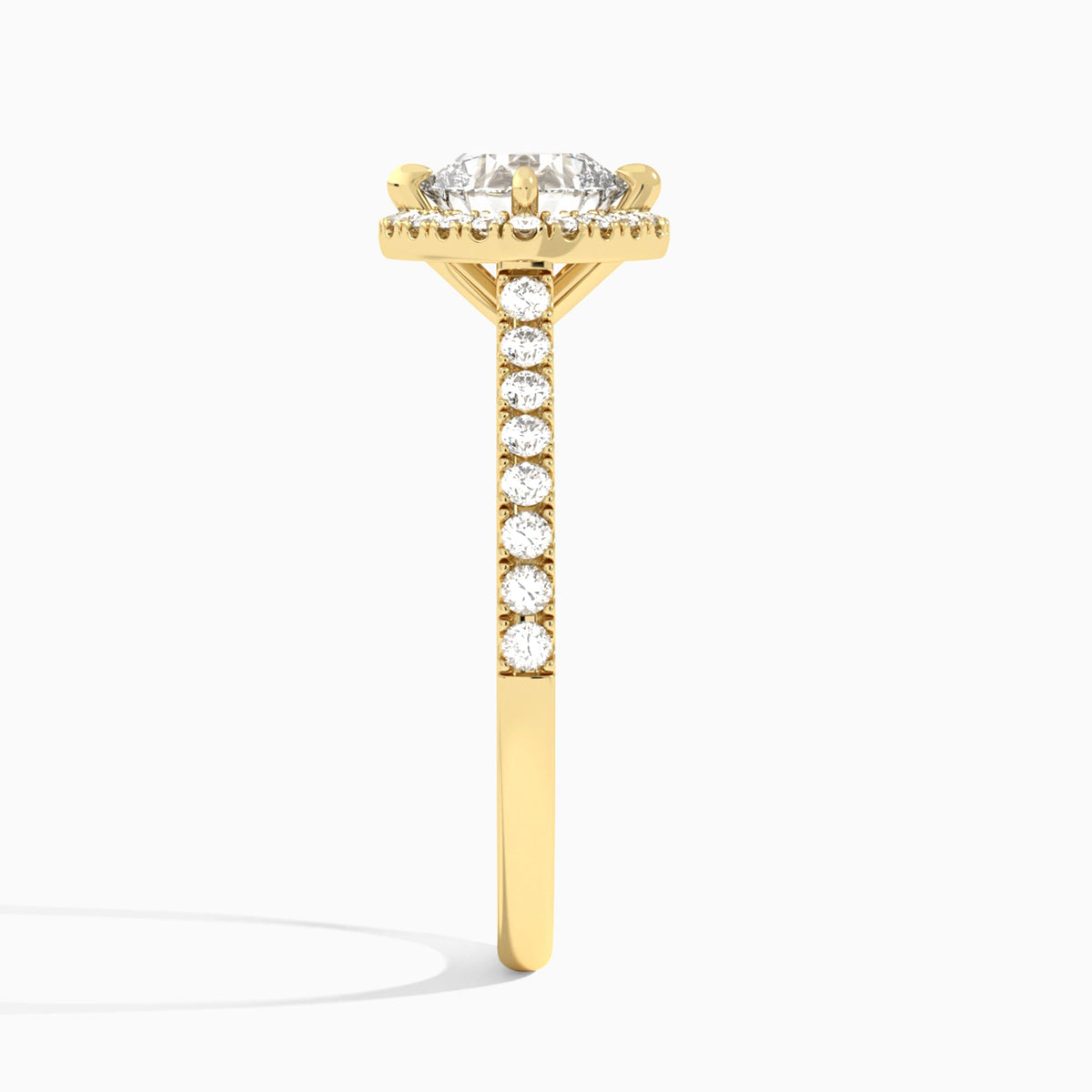 Cushion Amara Kite Set Halo Engagement Ring In 14K Yellow Gold, Side View