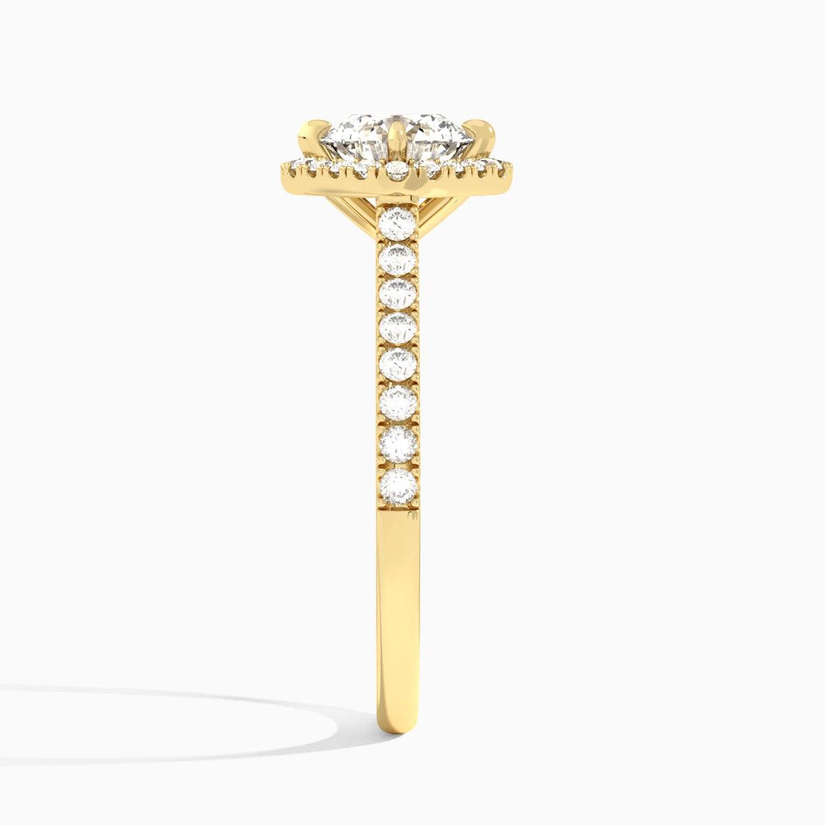 Round Amara Kite Set Halo Engagement Ring In 14K Yellow Gold, Side View