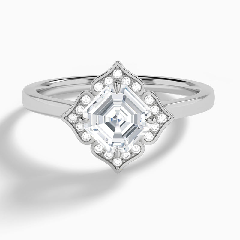 Asscher Compass Halo Lab Grown Diamond Engagement Ring In 14K White Gold - Lucenjuri