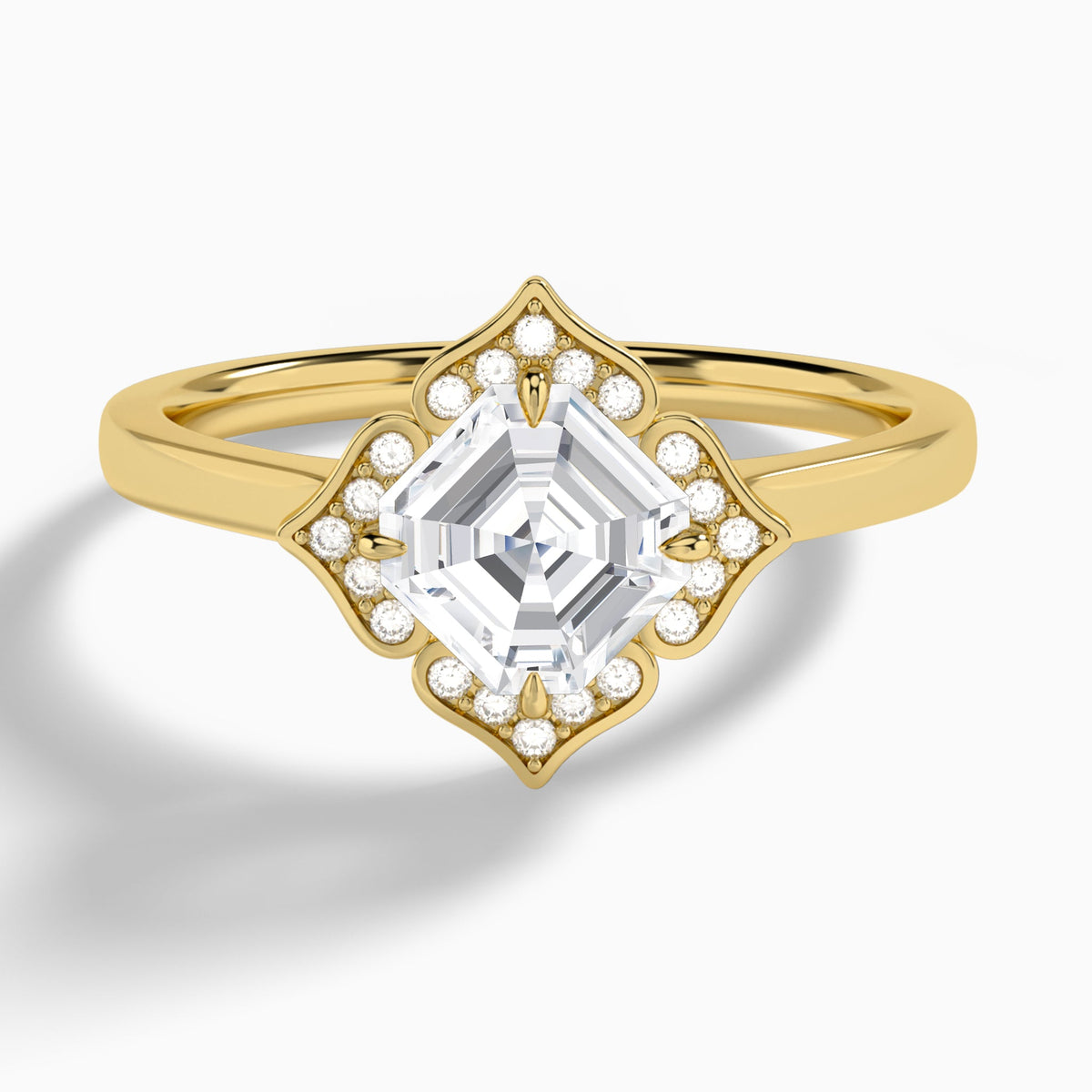 Asscher Compass Halo Lab Grown Diamond Engagement Ring In 18K Yellow Gold - Lucenjuri