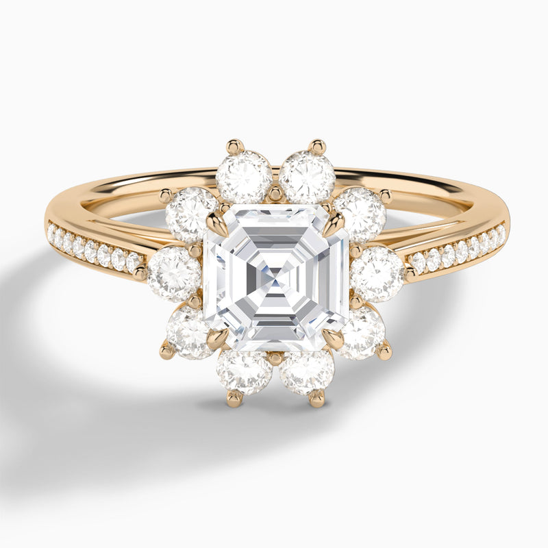 Asscher Celestia Halo Engagement Diamond Ring In 14K Rose Gold - Lucenjuri