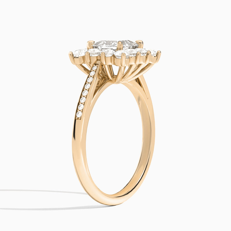 Princess Celestia Halo Engagement Diamond Ring In 14K Rose Gold, Angle View