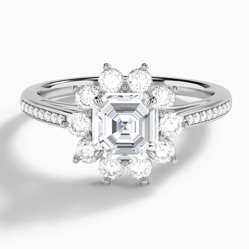 Asscher Celestia Halo Engagement Diamond Ring In 18K White Gold - Lucenjuri