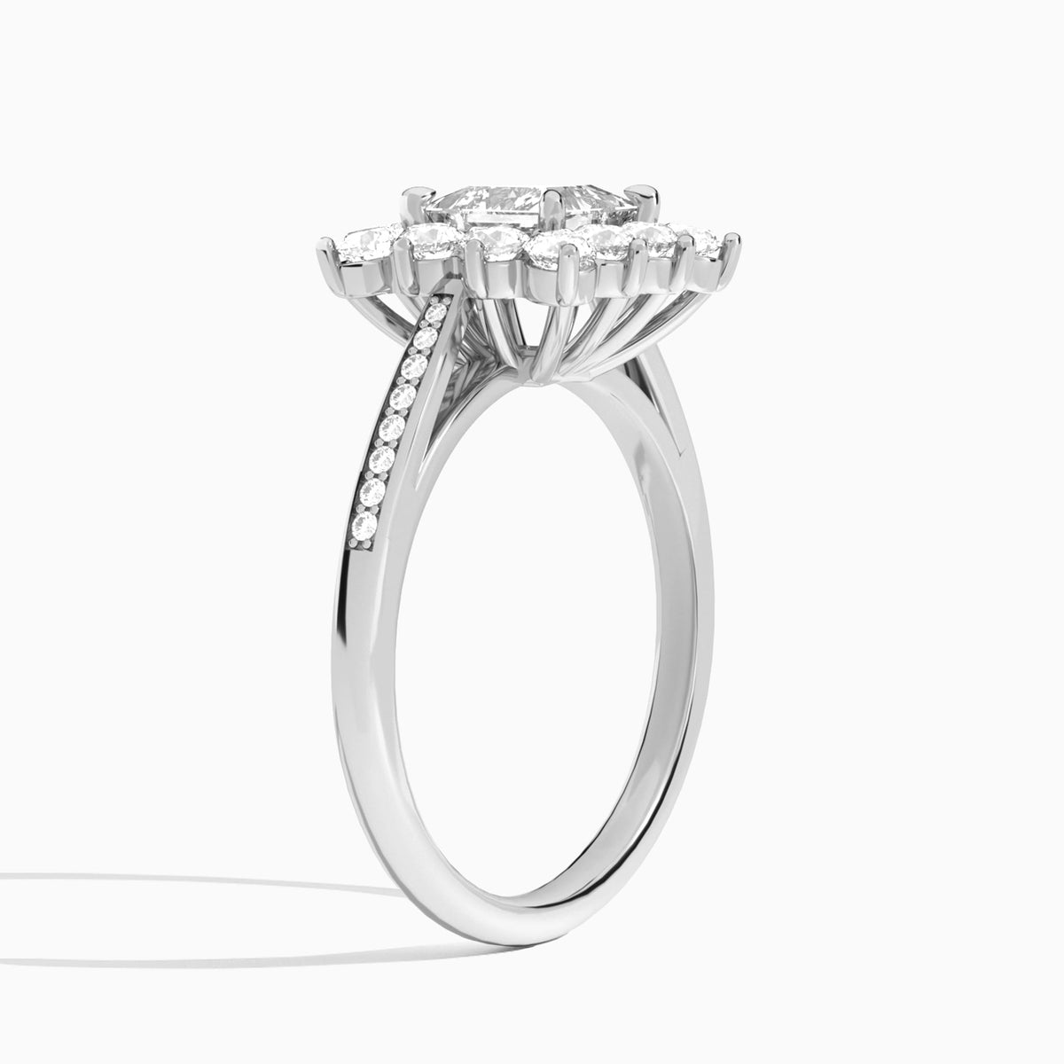 Princess Celestia Halo Engagement Diamond Ring In 18K White Gold, Angle View